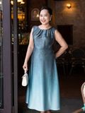  Hạnh Đầm cổ tròn xếp li, phối màu nghệ thuật, in họa tiết lá sát nách 