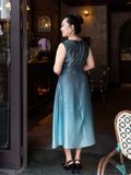  Hạnh Đầm cổ tròn xếp li, phối màu nghệ thuật, in họa tiết lá sát nách 