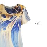  Hạnh Đầm suông cổ tròn họa tiết hoa uyển chuyển trong nước tay ngắn, xẻ tà 2 bên 