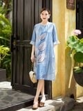  Đầm suông cổ tròn họa tiết , tay bèo 