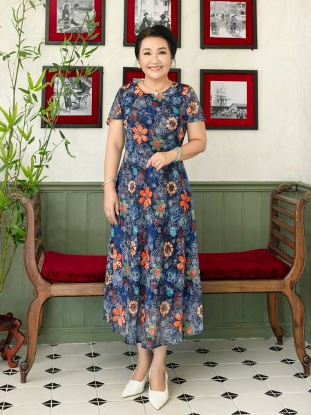  Đầm thun lưới Hạnh cổ tròn in hoa tiết hoa, tay ngắn 