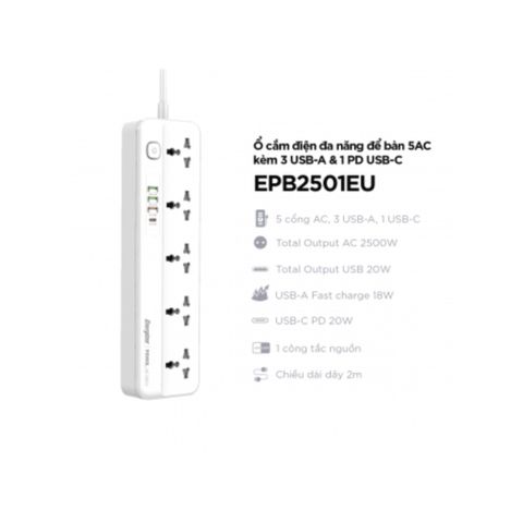  Ổ điện đa năng 5AC kèm 3USB-A và 1USB-C sạc nhanh PD (max 20W) - White - EPB2501EUWE 