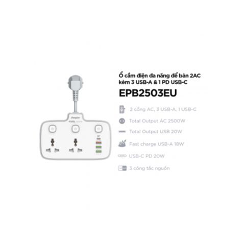  Ổ điện đa năng 2AC kèm 3USB-A và 1USB-C sạc nhanh PD (max 20W) - White - EPB2503EUWE 