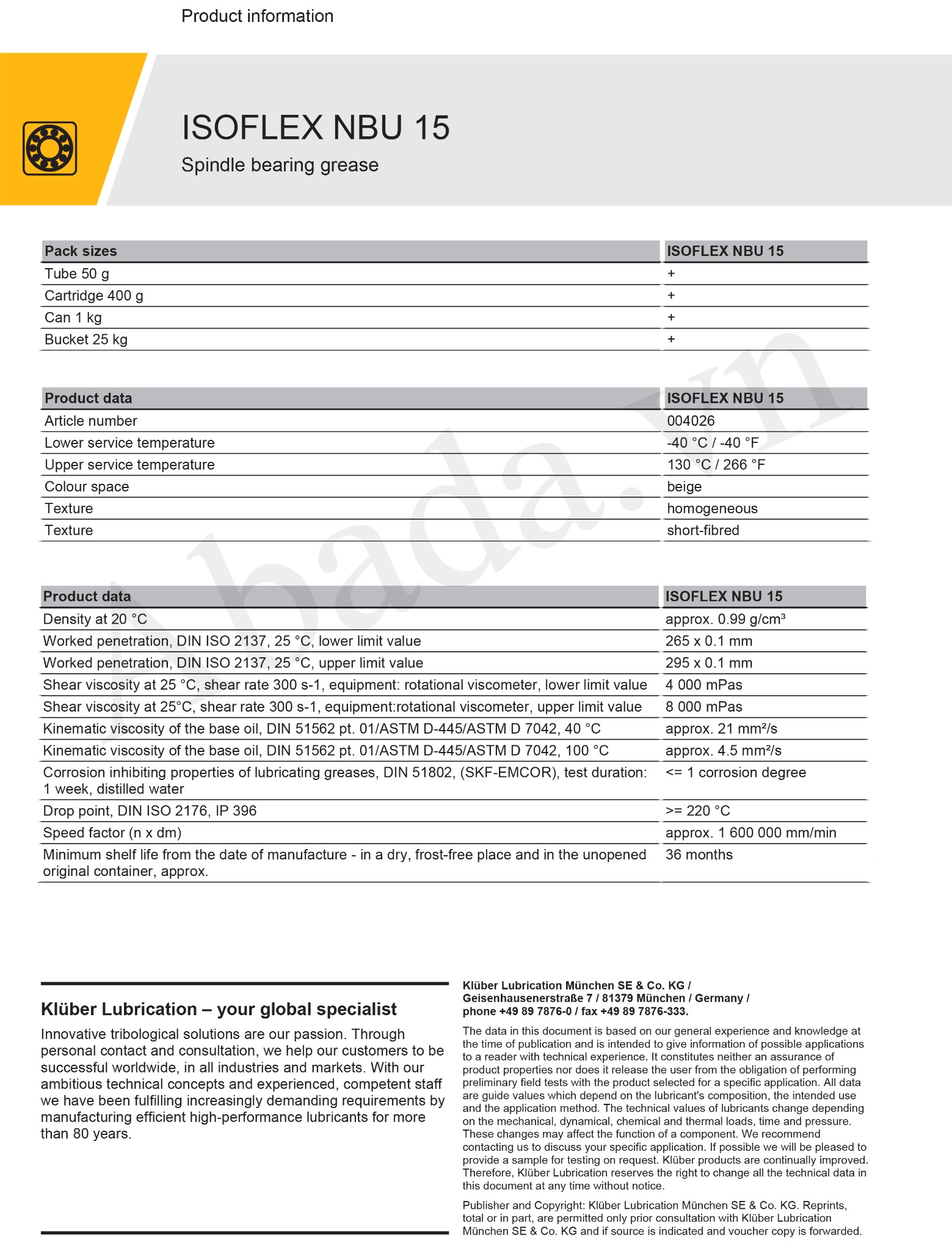 Mỡ KLUBER ISOFLEX NBU 15 (1KG) Abada