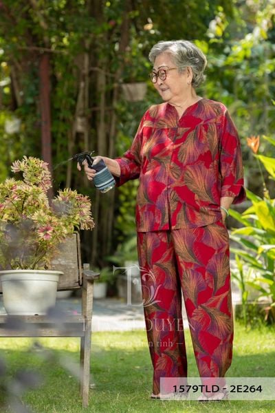 1579TLD(F) - Đồ bộ Tole cho bà mặc nhà Thành Duyên hoa, cổ tàu, tay lỡ, quần dài, không rút, thoáng mát  (6.2023)