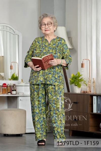 1579TLD(F) - Đồ bộ Tole cho bà mặc nhà Thành Duyên hoa, cổ tàu, tay lỡ, quần dài, không rút, thoáng mát  (6.2023)
