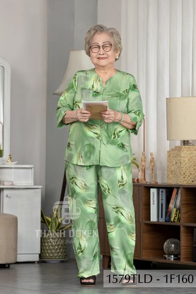 1579TLD(F) - Đồ bộ Tole cho bà mặc nhà Thành Duyên hoa, cổ tàu, tay lỡ, quần dài, không rút, thoáng mát  (6.2023)