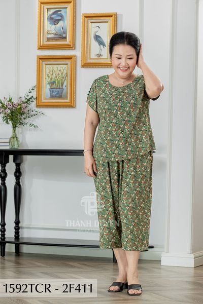 1592TCR - Đồ bộ Tole nữ trung niên mặc nhà Thành Duyên sọc, quần ống rộng, tay con, thoáng mát, không rút (05.23)