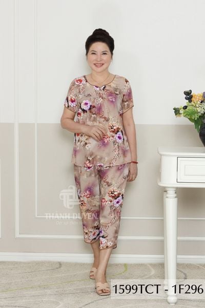1599TCT - Đồ bộ Tole nữ trung niên mặc nhà Thành Duyên bông, tay ngắn, quần 9 tấc (5-24)