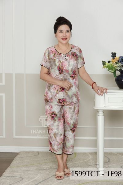 1599TCT - Đồ bộ Tole nữ trung niên mặc nhà Thành Duyên bông, tay ngắn, quần 9 tấc (5-24)