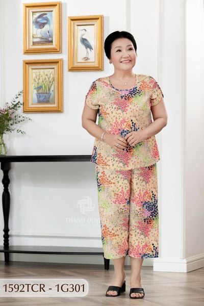 1592TCR - Đồ bộ Tole nữ trung niên mặc nhà Thành Duyên sọc, quần ống rộng, tay con, thoáng mát, không rút (10.23)