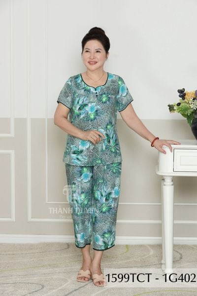 1599TCT - Đồ bộ Tole nữ trung niên mặc nhà Thành Duyên bông, tay ngắn, quần 9 tấc (5-24)