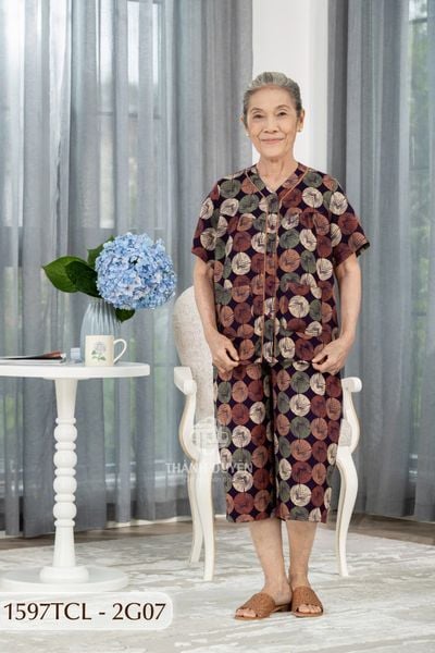 1597TCL- Đồ bộ Tole cho bà mặc nhà Thành Duyên, cổ lá trầu , tay ngắn, quần lửng, không rút, thoáng mát (23-10-2024)