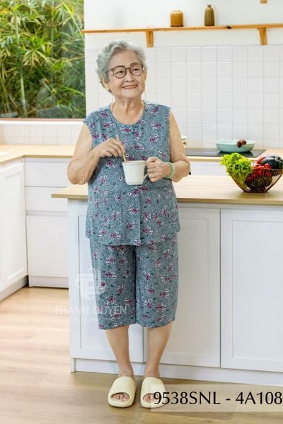 Đồ bộ thun  cho bà mặc nhà Thành Duyên cổ tròn, tay sát nách, quần lửng- 9538SNL (6-24)