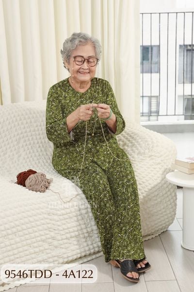 9546TDD Đồ bộ bông cho bà mặc nhà Thành Duyên chất liệu Thun cao cấp, cổ tròn, tay dài, quần dài (07-2024)