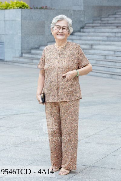 9546TCD(4A) Đồ bộ bông cho bà mặc nhà Thành Duyên chất liệu Thun cao cấp, cổ tròn, tay ngắn, quần dài (2025)