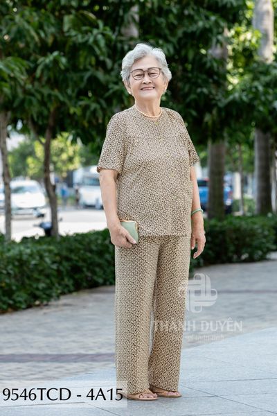 9546TCD(4A) Đồ bộ bông cho bà mặc nhà Thành Duyên chất liệu Thun cao cấp, cổ tròn, tay ngắn, quần dài (2025)