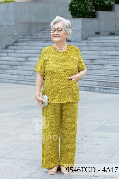 9546TCD(4A) Đồ bộ bông cho bà mặc nhà Thành Duyên chất liệu Thun cao cấp, cổ tròn, tay ngắn, quần dài (2025)