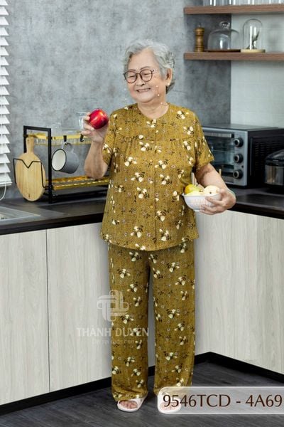 9546TCD -  Đồ bộ bông cho bà mặc nhà Thành Duyên chất liệu Thun cao cấp, cổ tròn, tay ngắn, quần dài (2025/1)