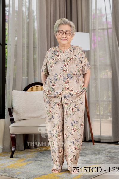 7515TCD- Đồ bộ bông cho bà mặc nhà Thành Duyên cổ tròn, tay ngắn, quần dài (16/1/2024)