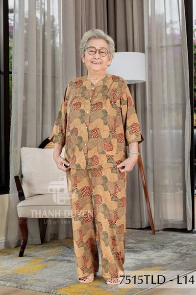7515TLD - Đồ bộ bông cho bà mặc nhà Thành Duyên cổ tàu, tay lỡ, quần dài (5/3/2024)