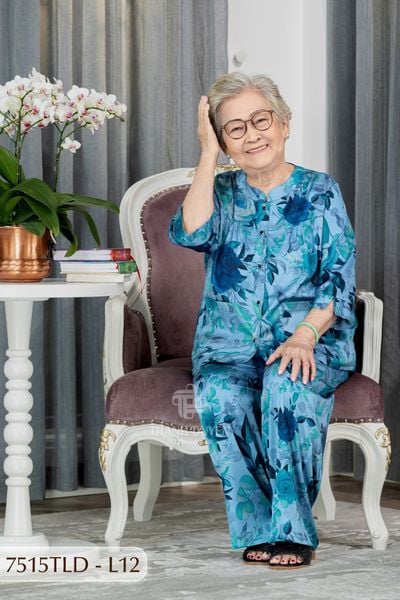 7515TLD - Đồ bộ bông cho bà mặc nhà Thành Duyên cổ tàu, tay lỡ, quần dài (5/3/2024)