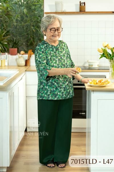 7015TLD - Đồ bộ bông cho bà mặc nhà Thành Duyên cổ tàu, tay lỡ, quần dài (5/4/2024)