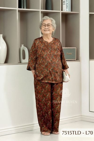 7515TLD - Đồ bộ bông cho bà mặc nhà Thành Duyên cổ tàu, tay lỡ, quần dài (5/3/2024)