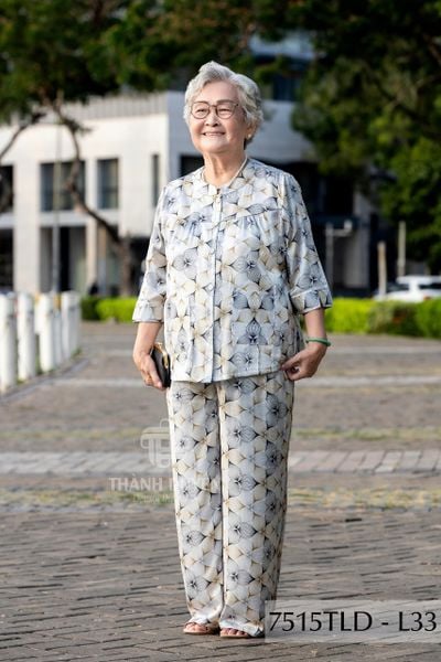 7515TLD - Đồ bộ bông cho bà mặc nhà Thành Duyên cổ tàu, tay lỡ, quần dài (5/3/2024)