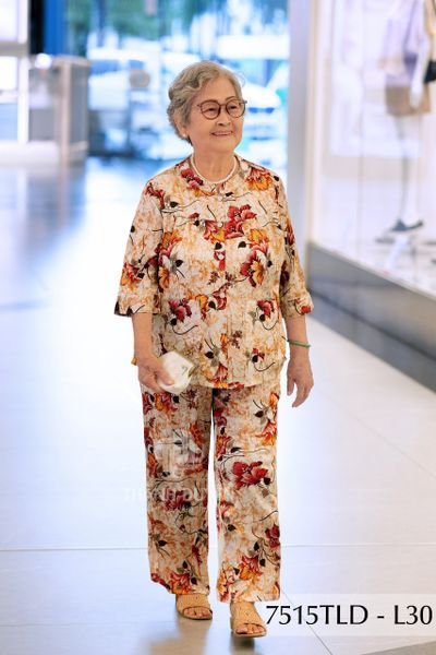7515TLD - Đồ bộ bông cho bà mặc nhà Thành Duyên cổ tàu, tay lỡ, quần dài (5/3/2024)