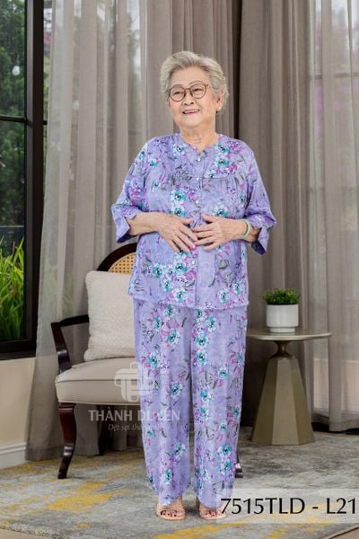 7515TLD - Đồ bộ bông cho bà mặc nhà Thành Duyên cổ tàu, tay lỡ, quần dài (5/3/2024)