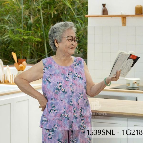 1539SNL Đồ bộ Tole cho bà mặc nhà Thành Duyên, cổ tròn, sát nách, quần lửng, không rút, thoáng mát(06-24)