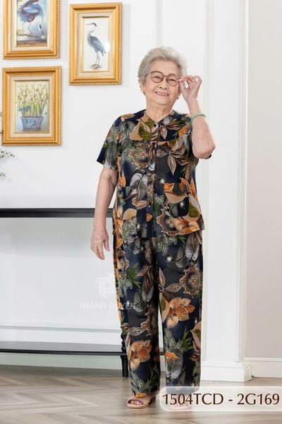 1504TCD Đồ bộ bông cho bà mặc nhà Thành Duyên cổ tròn, tay ngắn, quần dài (28-07-2023)