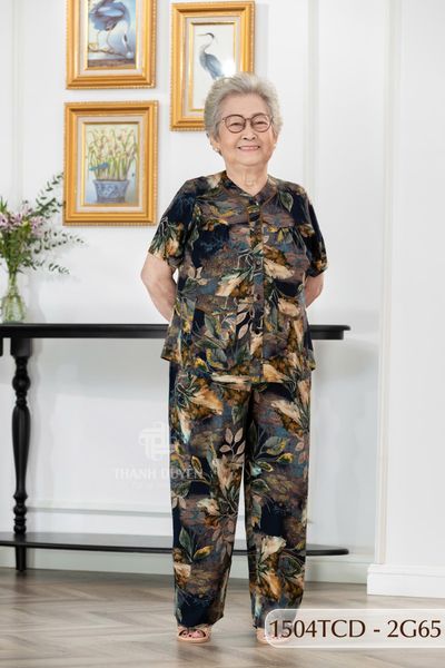 1504TCD Đồ bộ bông cho bà mặc nhà Thành Duyên cổ tròn, tay ngắn, quần dài (28-07-2023)