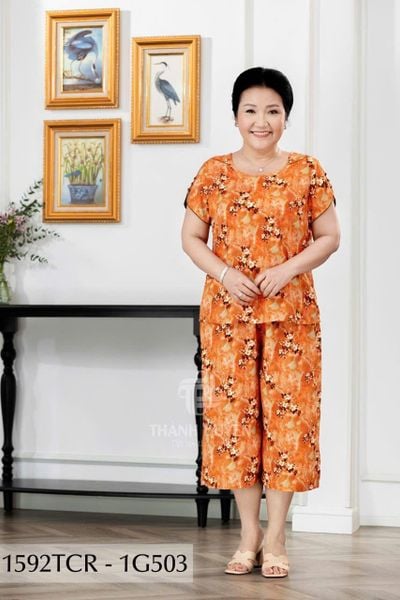 1592TCR - Đồ bộ Tole nữ trung niên mặc nhà Thành Duyên sọc, quần ống rộng, tay con, thoáng mát, không rút (05.23)