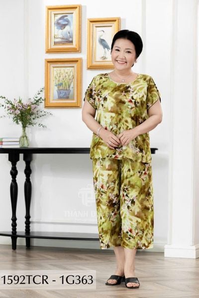 1592TCR - Đồ bộ Tole nữ trung niên mặc nhà Thành Duyên sọc, quần ống rộng, tay con, thoáng mát, không rút (05.23)