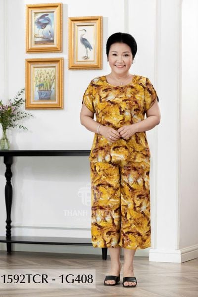 1592TCR - Đồ bộ Tole nữ trung niên mặc nhà Thành Duyên sọc, quần ống rộng, tay con, thoáng mát, không rút (05.23)