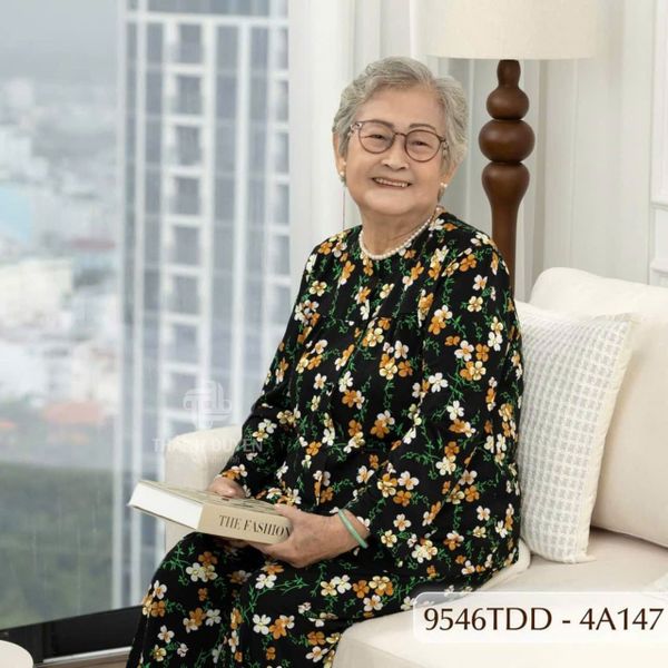 9546TDD Đồ bộ bông cho bà mặc nhà Thành Duyên chất liệu Thun cao cấp, cổ tròn, tay dài, quần dài (07-2024)