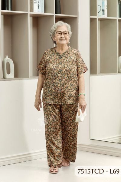 7515TCD- Đồ bộ bông cho bà mặc nhà Thành Duyên cổ tròn, tay ngắn, quần dài (16/1/2024)