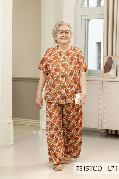 7515TCD- Đồ bộ bông cho bà mặc nhà Thành Duyên cổ tròn, tay ngắn, quần dài (16/1/2024)