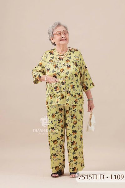 7515TLD - Đồ bộ bông cho bà mặc nhà Thành Duyên cổ tàu, tay lỡ, quần dài (5/3/2024)