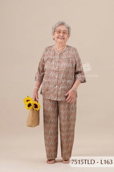 7515TLD - Đồ bộ bông cho bà mặc nhà Thành Duyên cổ tàu, tay lỡ, quần dài (5/3/2024)