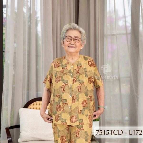 7515TCD- Đồ bộ bông cho bà mặc nhà Thành Duyên cổ tròn, tay ngắn, quần dài (16/1/2024)