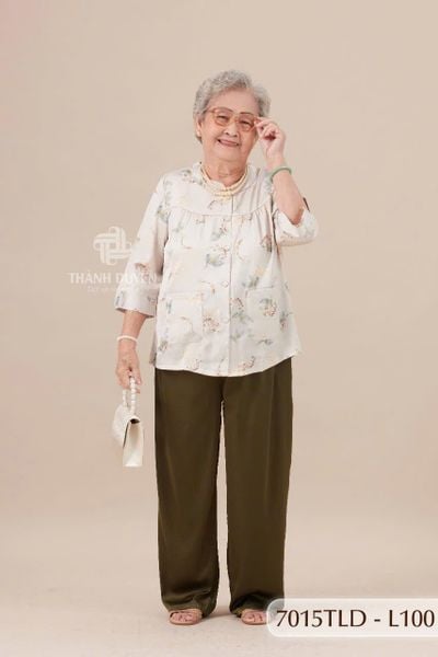 7015TLD - Đồ bộ bông cho bà mặc nhà Thành Duyên cổ tàu, tay lỡ, quần dài (5/4/2024)