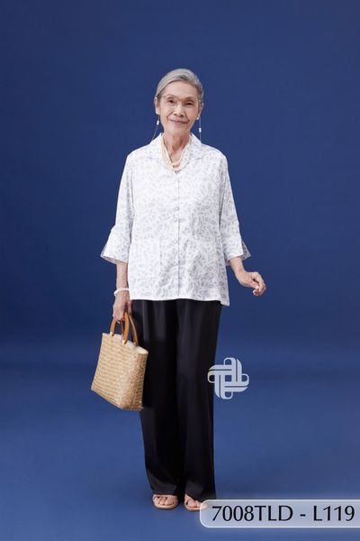 7008TLD - Đồ bộ bông cho bà mặc nhà Thành Duyên cổ tàu, tay lỡ, quần dài