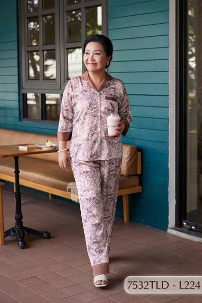 7532TLD- Đồ bộ Lụa pyjama nữ trung niên mặc nhà Thành Duyên tay lỡ, quần dài