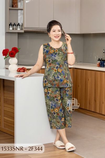 1533SNR -  Đồ bộ Tole nữ trung niên mặc nhà Thành Duyên, bông, tay sát nách, quần ống rộng, thoáng mát, không rút (08-23)