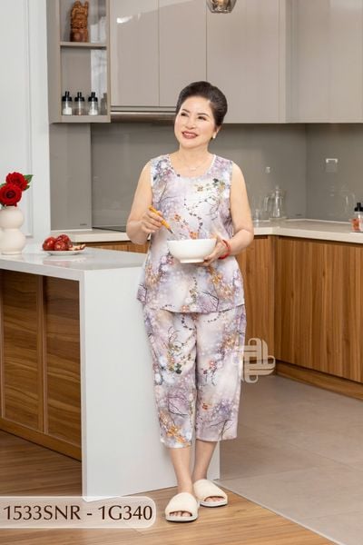 1533SNR -  Đồ bộ Tole nữ trung niên mặc nhà Thành Duyên, bông, tay sát nách, quần ống rộng, thoáng mát, không rút (08-23)