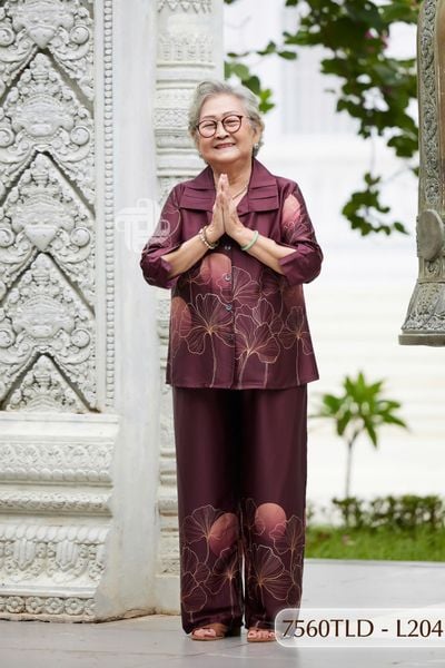 7560TLD - Đồ bộ lụa cho bà mặc nhà Thành Duyên cổ xếp ly, tay lỡ, quần dài