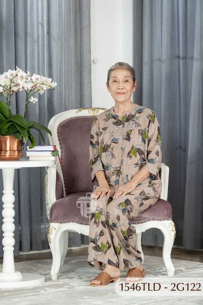 1546TLD(1G3) - Đồ bộ bông cho bà mặc nhà Thành Duyên, cổ tròn, tay lỡ, quần dài